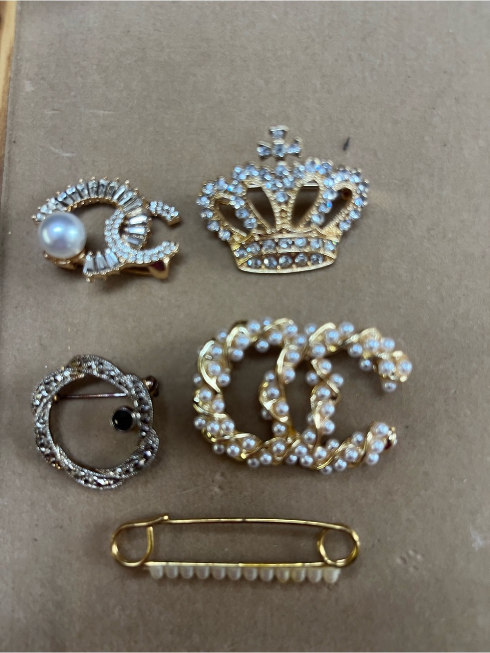 Vintage Brooch Lot Crown Pearl Rhinestone Pins 5 Pc